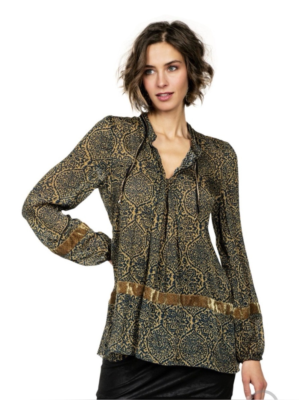 Beate Heymann Dijon Ornament Blouse Boho Paisley Velvet Trim Top  Size 6